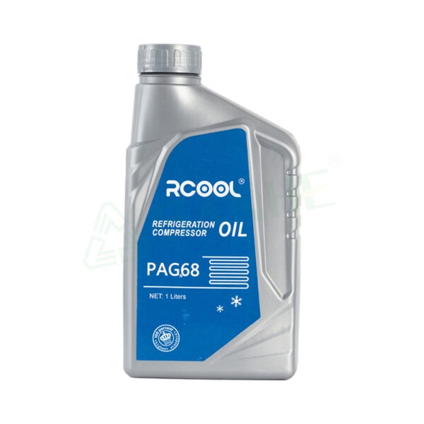 RCOOL PAG68 refrigerant oil bottle for HVAC systems, 1-liter capacity, suitable for refrigeration compressors, with blue and silver design.
